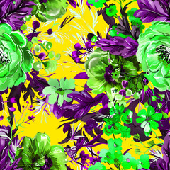 Vibrant seamless floral pattern with colorful flowers, leaves, and berries on a green background. Perfect for textiles, wallpapers, and digital designs. Botanical elegance in a seamless design.