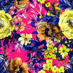 Vibrant seamless floral pattern with colorful flowers, leaves, and berries on a green background. Perfect for textiles, wallpapers, and digital designs. Botanical elegance in a seamless design.