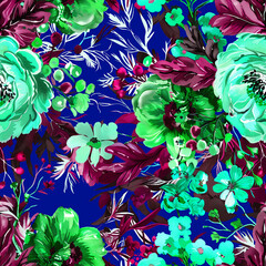Vibrant seamless floral pattern with colorful flowers, leaves, and berries on a green background. Perfect for textiles, wallpapers, and digital designs. Botanical elegance in a seamless design.