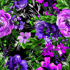 Vibrant seamless floral pattern with colorful flowers, leaves, and berries on a green background. Perfect for textiles, wallpapers, and digital designs. Botanical elegance in a seamless design.