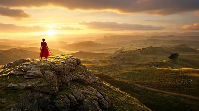 Woman in red dress stands on rocky crest overlooking expansive sunset landscape in serene countryside