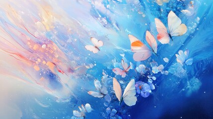 Whimsical Flight of Butterflies in a Dreamlike Blue