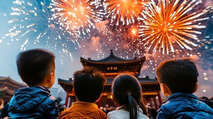 Naklejka premium Children watching in awe as vibrant fireworks illuminate the night sky at cultural festival outdoor celebration joyful experience