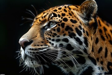 Fototapeta premium Dramatic close-up portrait of majestic jaguar head against dark background showcasing detailed spotted fur pattern, piercing blue eyes and powerful facial features perfect for wildlife publications.