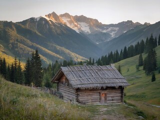 Mountain Cabin at Sunset