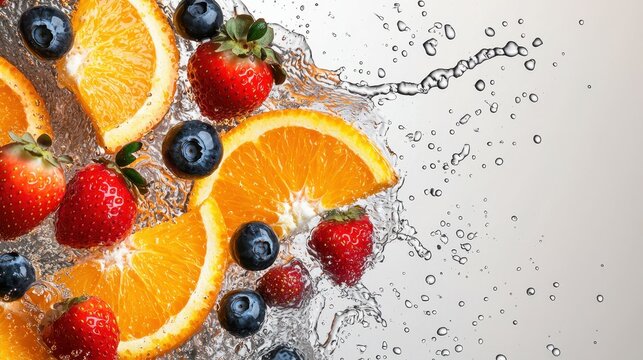 Vibrant fruit splash action kitchen dynamic banner design bright eye-catching wootdy nattawootdy concept