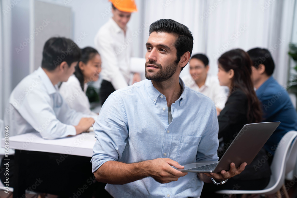 Poster Engineer team leader portrait with diverse group of civil engineer and client working together on architectural project, reviewing construction plan and building blueprint at meeting table. Prudent
