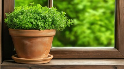 Bright green herb plant thrives in a terracotta pot, positioned on a wooden windowsill. lush garden is visible in the background, creating a serene and natural atmosphere during daylight