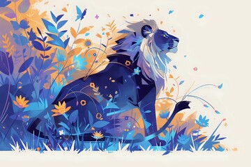 Majestic blue lion resting among magical glowing flowers and butterflies, fantasy digital art illustration perfect for children's books and dreamy wall decor.