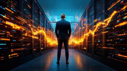 business professional stands in a sleek, high-tech server room at night, observing dynamic data trends represented by glowing lines on the walls. atmosphere is filled with technology