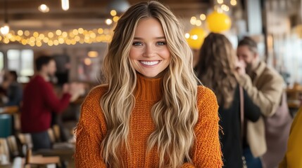 Obraz premium cheerful woman with long, wavy hair poses in an orange sweater amidst a bustling cafe filled with warm lights and engaged patrons. atmosphere is vibrant and welcoming