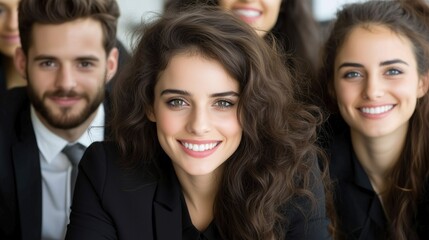 Fototapeta premium diverse group of young professionals is seated together, smiling confidently while wearing formal attire. setting reflects a contemporary office environment during a corporate gathering