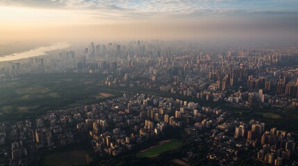 Fototapeta premium Stunning Aerial View of a Bustling Coastal City Showcasing Skyscrapers, Waterfront, and Vibrant Skyline During Late Afternoon