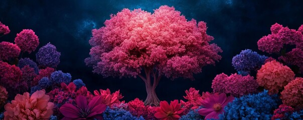 Radiant tree glowing with celestial energy, surrounded by vibrant flowers