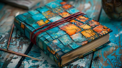 Handcrafted leather journal with turquoise and amber marbled design, bound with red leather cord, perfect for creative writing, personal diary, or travel notes, lying on rustic surface.