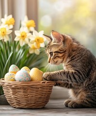 Playful Tabby Kitten Outdoors with Easter Eggs and Daffodils in a Sunny Spring Setting 6