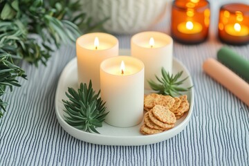 Cruelty-free wellness through a vegan lifestyle. Tranquil arrangement of candles, snacks, and greenery on a decorative plate.
