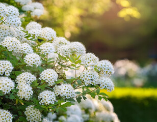 Obraz premium tranquil garden with white spirea flowers blooming floral white flowers spring