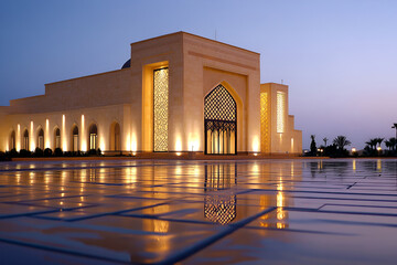 Illuminated mosque at dusk with reflective courtyard and ornate architecture