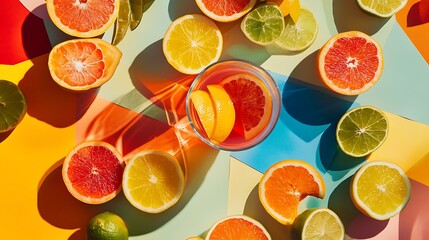 Cocktails with various citrus isolated on a colorful background
