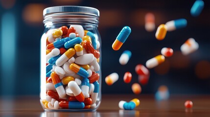 Colorful capsules spill out from a glass jar onto a wooden surface, showcasing a mix of hues. setting exudes a clinical ambiance, suggesting medicinal use or pharmaceutical study