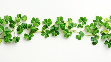 Green Clover Leaves Arranged on a Light Surface, Showcasing Their Vibrant Color and Distinct Shapes, Perfect for Nature-Themed Decorations or Celebrations