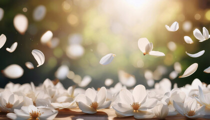 Pastelowe płatki kwiatów, rozmyte tło bokeh. Eksplozja kwiatów, tapeta  w kwiaty. Puste miejsce na tekst, projekt. Walentynki, tło kwiatowe