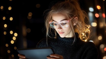 young woman focused on her tablet outdoors at night. She wears stylish eyewear and is illuminated by soft lights, creating a cozy and modern atmosphere