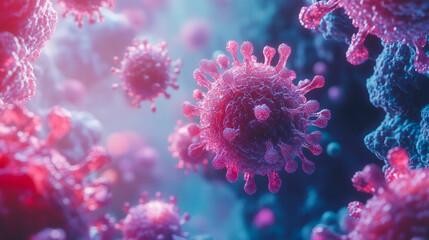 Naklejka premium Close-up of 3D virus particles in vivid blue and pink tones, highlighting molecular structure and detail in a vibrant setting..