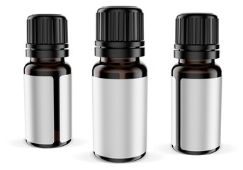A 10 ml bottle of dark brown UV glass for essential oils isolated on transparent background with soft transparent shadows