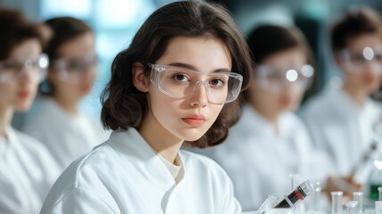 In a modern laboratory, a diverse group of young scientists works intently on experiments, wearing protective gear and focusing on their tasks. Their collaboration emphasizes teamwork