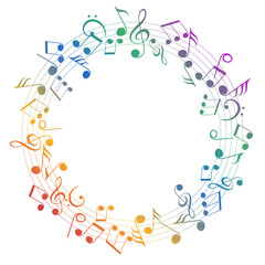Circular frame with colored musical notes, dynamic music abstract design background