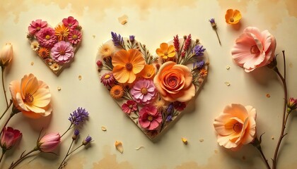 Floral Heart:  A delicate heart shape is crafted entirely from vibrant, paper flowers, creating a stunning visual display of love and beauty. The heart is surrounded by scattered individual blooms.