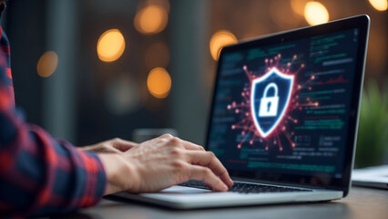Cybersecurity and online privacy concept with digital shield and padlock icon displayed on laptop screen in workspace