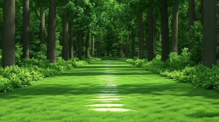 Fototapeta premium serene pathway meanders through a lush green forest, surrounded by vibrant trees and thick grass under bright daylight, inviting nature lovers for a refreshing stroll