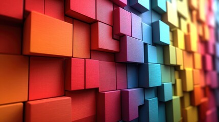 Fototapeta premium A vibrant, abstract image depicting a three-dimensional grid of small cubes in a spectrum of colors,