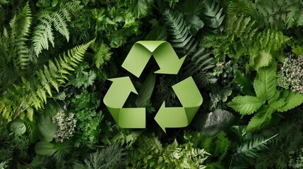 recycling symbol made of green material rests among various shades of ferns and other greenery during daylight
