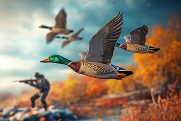 Obraz premium Ducks soar through the autumn sky near a hunter in a natural setting
