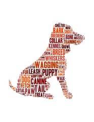 tagcloud with a shape of a dog made of canine terms and words