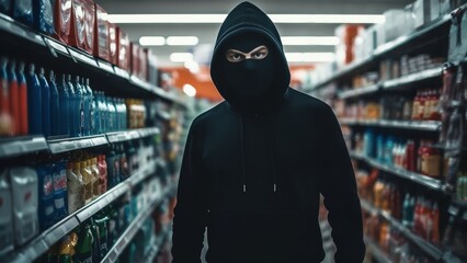 Hooded and Masked Individual Standing Intimidatingly in a Grocery Aisle