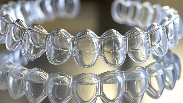 Transparent dental aligners displayed in a close-up view showcasing precise design and clarity for effective teeth straightening