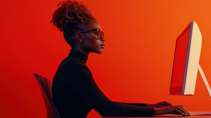 person sitting on a chair, Young woman focused at computer in a vibrant workspace during evening hours enhancing productivity and creativity, working late hours alone from home