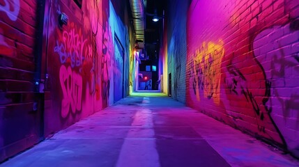 Fototapeta premium Neon-lit graffiti alleyway at night, vibrant colors, urban art, background city lights, ideal for nightlife or urban themes