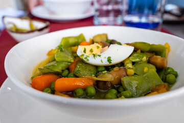 Close-up of a portion of menestra de verduras, a traditional spanish vegetable stew, featuring peas, green beans, carrots, and a boiled egg