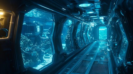 Obraz premium Underwater futuristic corridor, ocean view, sci-fi habitat, research