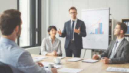 Blurred background of a speaker using visual aids to explain key points during a high-level corporate presentation, 8K resolution