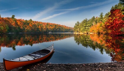 Obraz premium Generated image A scenic view of a lake surrounded by early fall foliage with a canoe docked by the shore