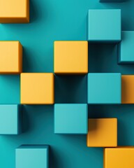 Colorful arrangement of blue and yellow blocks on a turquoise background, creating a playful and modern aesthetic.