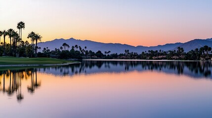 Fototapeta premium A serene lake with gentle ripples reflects a pale blue sky and sunset hues of pink and orange. Trees and distant mountains create a tranquil, dreamlike atmosphere. 