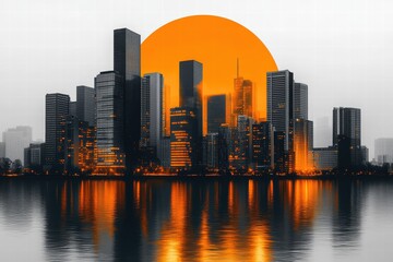 Fototapeta premium Vibrant skyline at dusk with orange sun setting behind towering buildings in a reflective lake